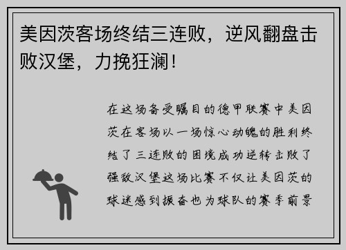 美因茨客场终结三连败，逆风翻盘击败汉堡，力挽狂澜！