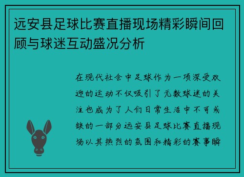 远安县足球比赛直播现场精彩瞬间回顾与球迷互动盛况分析