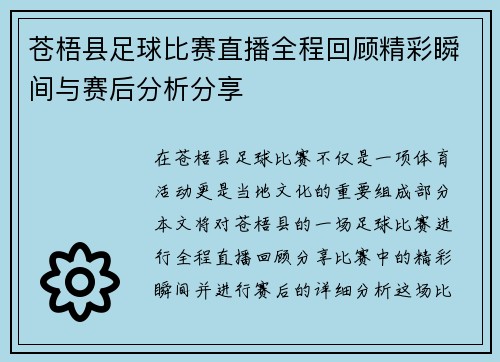 苍梧县足球比赛直播全程回顾精彩瞬间与赛后分析分享